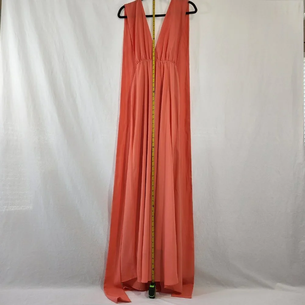 V-Neckline Long Prom Dress  by Studio F Size 8 Coral Color 85% Poly. Worn Once! - Picture 6 of 16